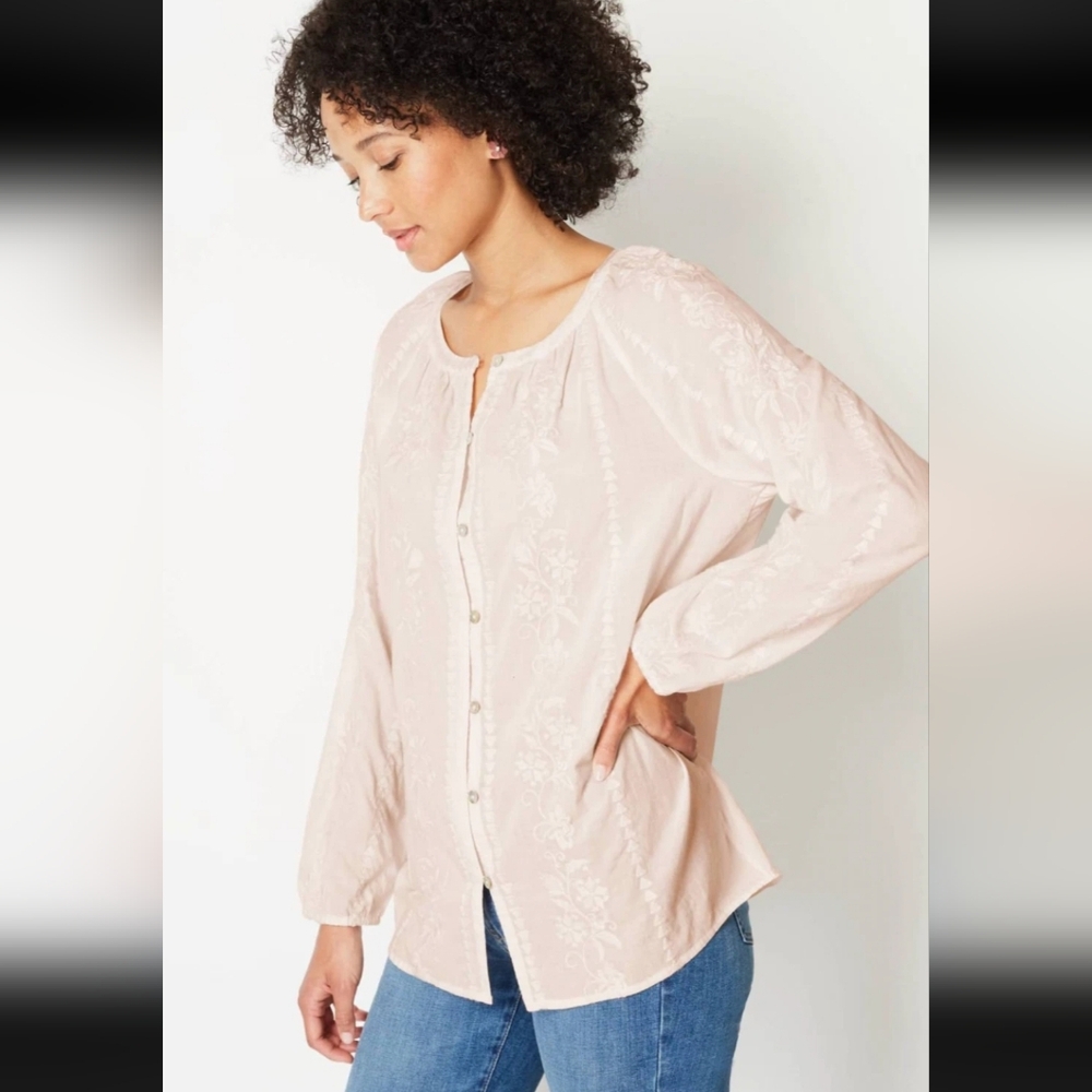 J. Jill Pale Blush Embroidered Button-Front Peasant Blouse - Picture 2 of 10
